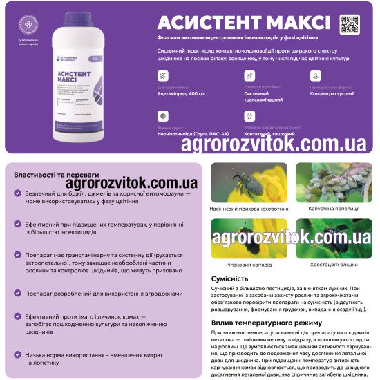 Асистент Максі – системний інсектицид ацетаміприд 400 г/л для ріпаку та соняшнику (у т.ч. під час цвітіння)