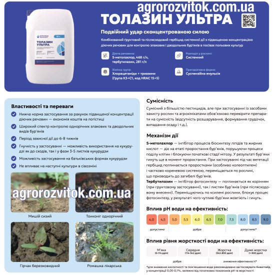 Толазин Ультра – ґрунтовий та післясходовий системний гербіцид S-метолахлор 468 г/л + тербутилазин 281 г/л