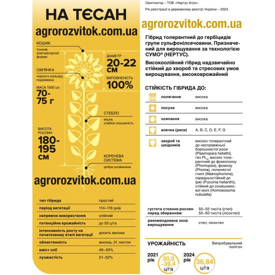 Насіння соняшника НА Тєсан – Технологія СУМО (під Гранстар), 114–116 діб, олійність 49–50%