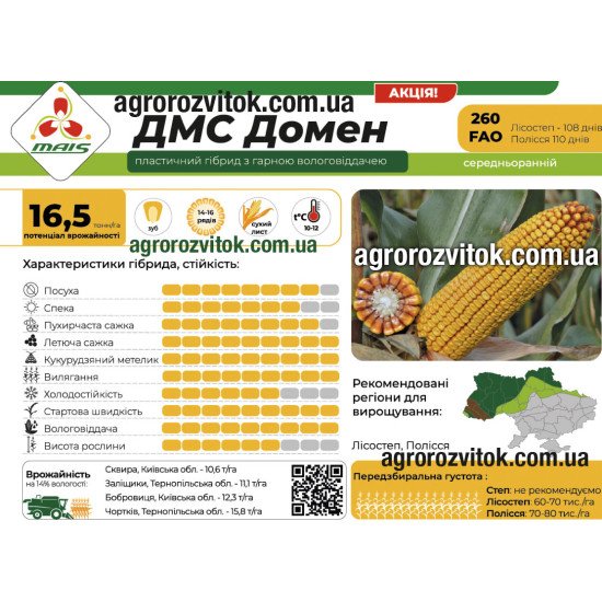 Насіння кукурудзи ДМС Домен (ФАО 260) – середньоранній, потенціал 16,5 т/га, рекомендовано для Лісостеп, Полісся