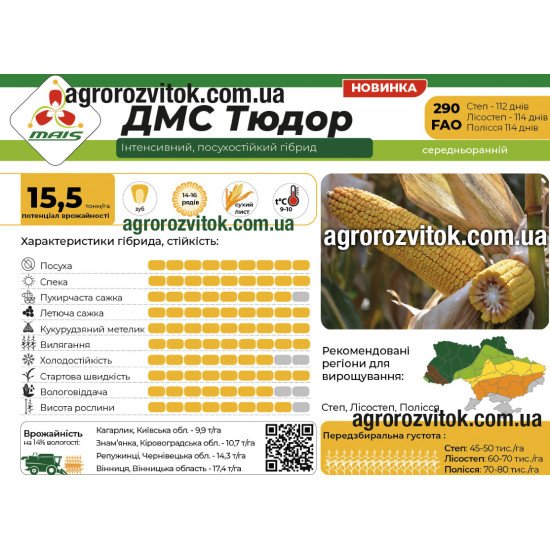 Насіння кукурудзи ДМС Тюдор (ФАО 290) – середньоранній, потенціал 15,5 т/га, рекомендовано для Степ, Лісостеп, Полісся