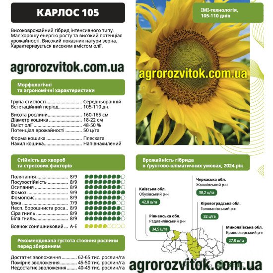 Насіння соняшника Карлос 105 ВНІС – середньоранній (105-110 днів), потенціал 5 т/га, вовчок A–E