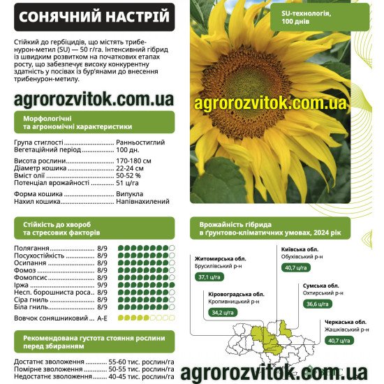 Насіння соняшника Сонячний настрій ВНІС – ранньостиглий (100 днів), потенціал 5,1 т/га, вовчок A–E