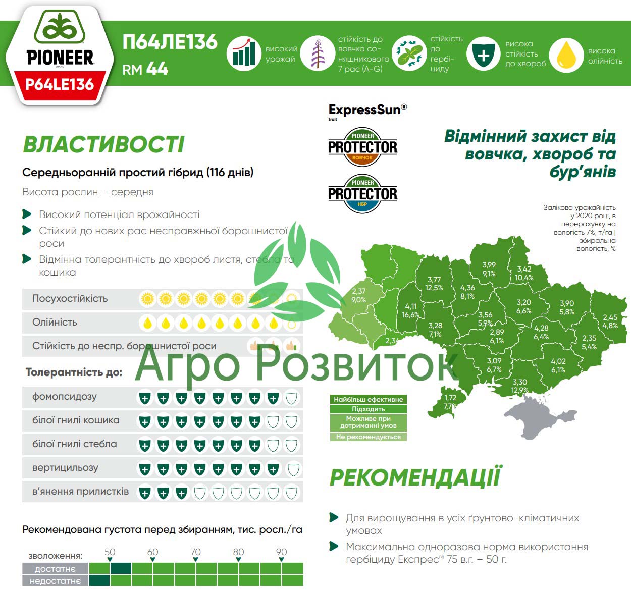 Аграрні характеристики соняшника П64ЛЕ136
